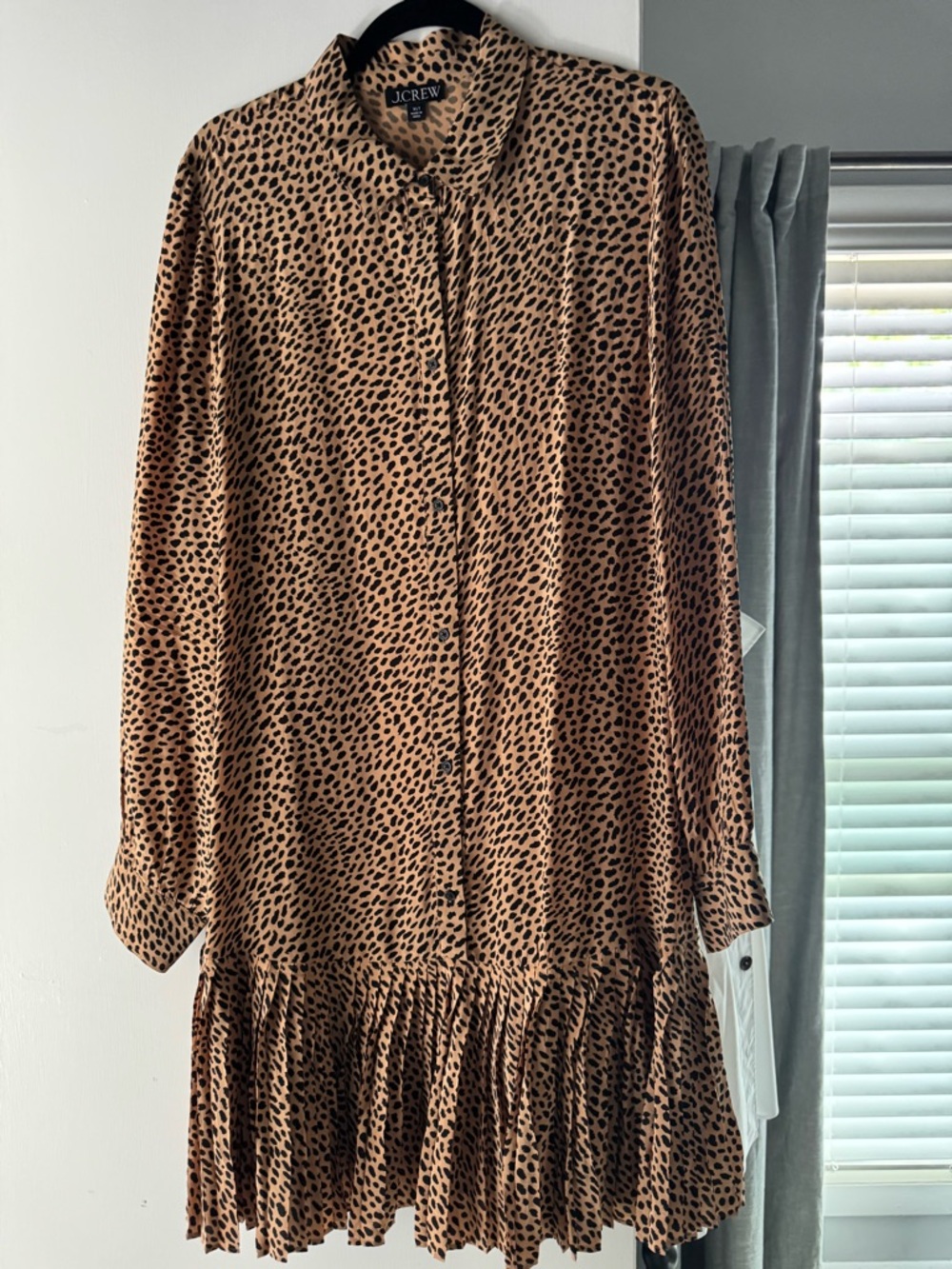 J. Crew Tan Leopard Print Long Sleeve Ruffle-Hem Dress XLT